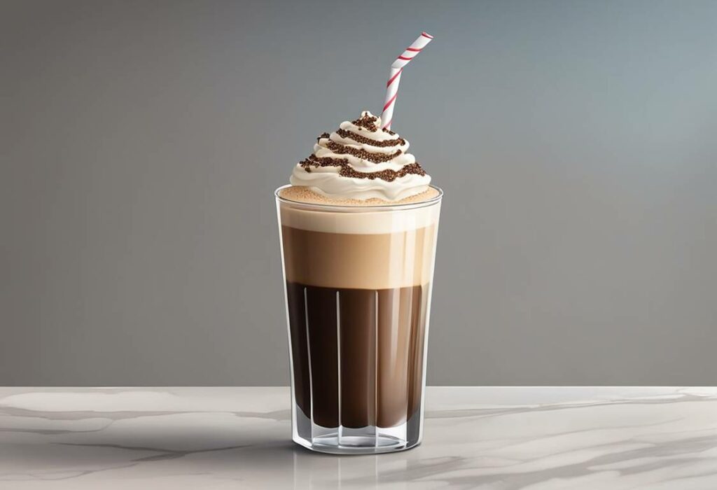 A tall glass filled with a rich, creamy jamocha shake sits on a marble countertop, with a sprinkle of cocoa powder on top and a straw poking out