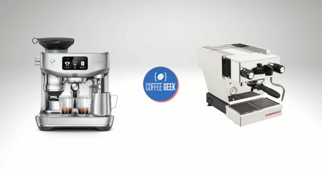 Two espresso machines are shown on either side of a "Coffee Geek" logo. The left machine is modern with a digital interface, while the one on the right has a more traditional, industrial design.